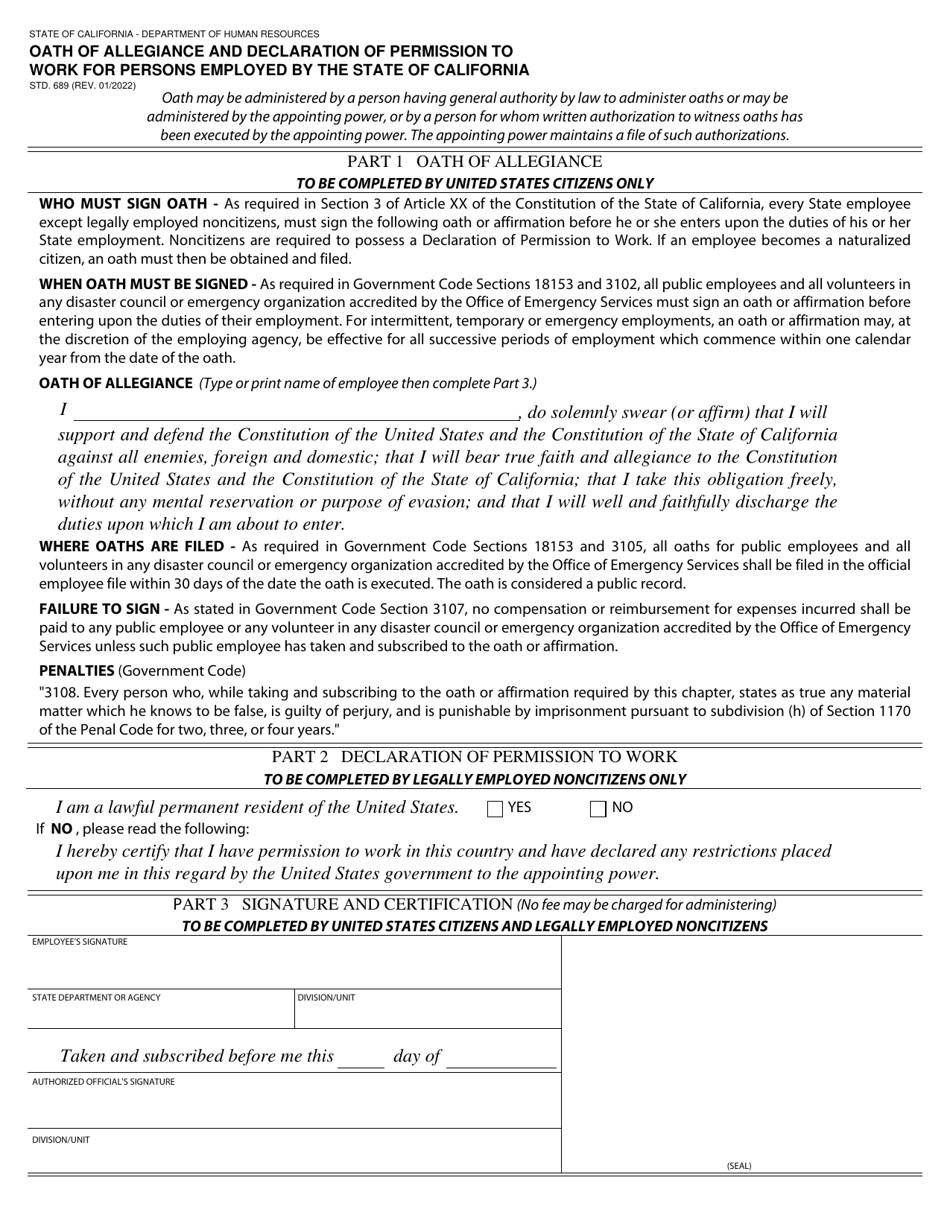 Form STD.689 Oath of Allegiance and Declaration of Permission to Work for Persons Employed by the State of California - California, Page 1