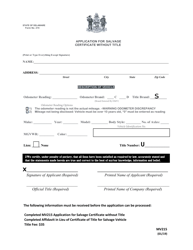 Form MV215 Application for Salvage Certificate Without Title (Insurance Companies or Auctions Only) - Delaware