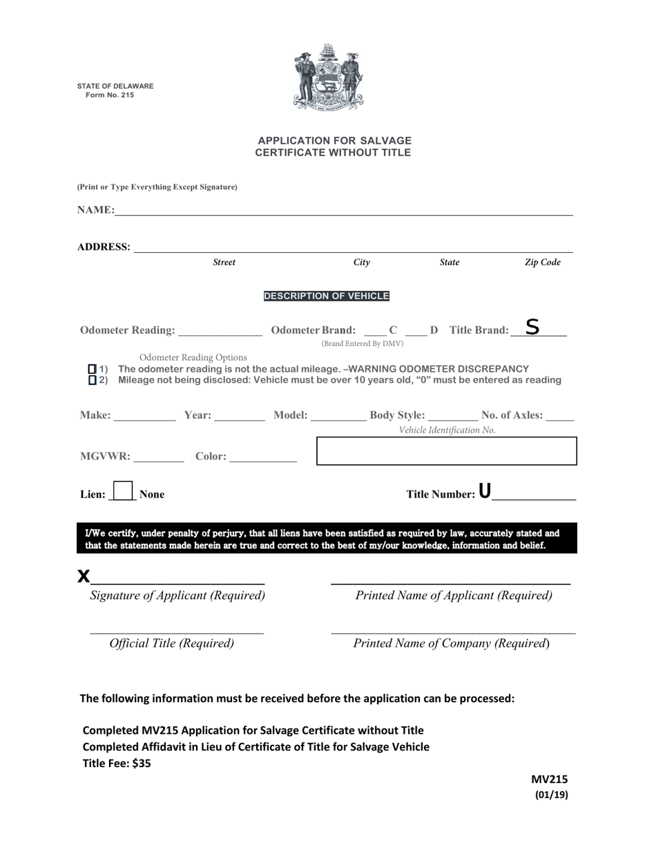 Form MV215 Application for Salvage Certificate Without Title (Insurance Companies or Auctions Only) - Delaware, Page 1