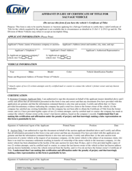Form MV215 Application for Salvage Certificate Without Title (Insurance Companies or Auctions Only) - Delaware, Page 2