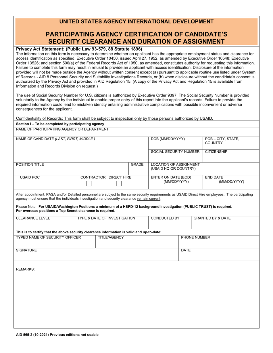 Form AID565-2 Participating Agency Certification of Candidates Security Clearance and Duration of Assignment, Page 1