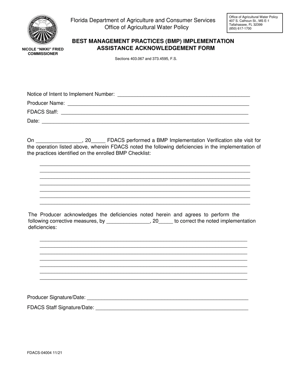 Form FDACS-04004 Best Management Practices (Bmp) Implementation Assistance Acknowledgement Form - Florida, Page 1