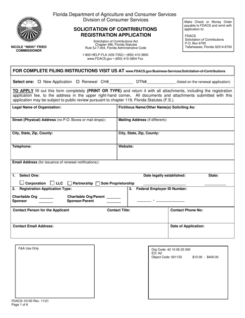 Form FDACS-10100 Solicitation of Contributions Registration Application - Florida