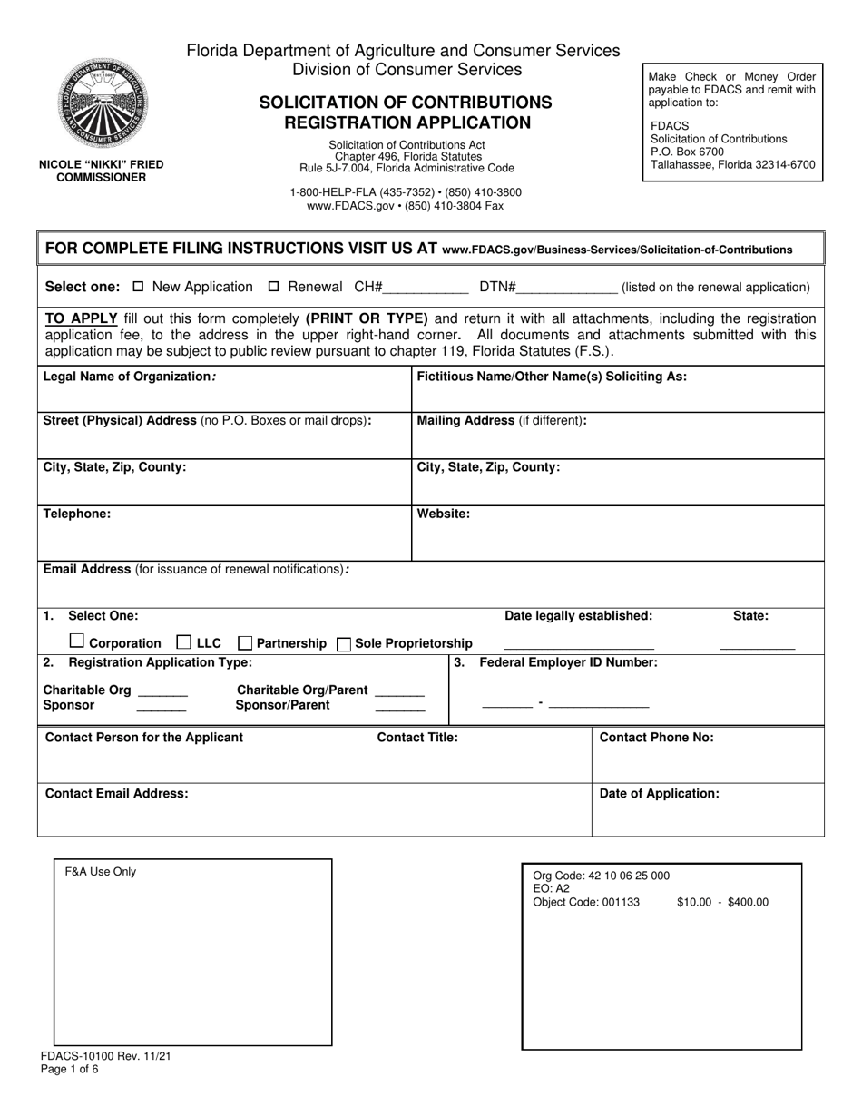 Form FDACS-10100 Solicitation of Contributions Registration Application - Florida, Page 1