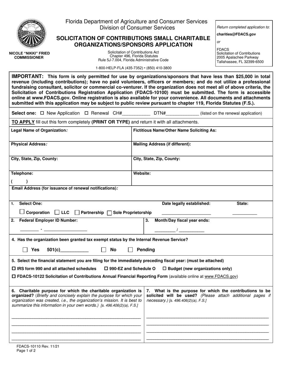 Form FDACS-10110 Solicitation of Contributions Small Charitable Organizations / Sponsors Application - Florida, Page 1