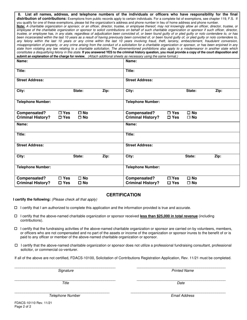 Form FDACS-10110 Solicitation of Contributions Small Charitable Organizations / Sponsors Application - Florida, Page 2