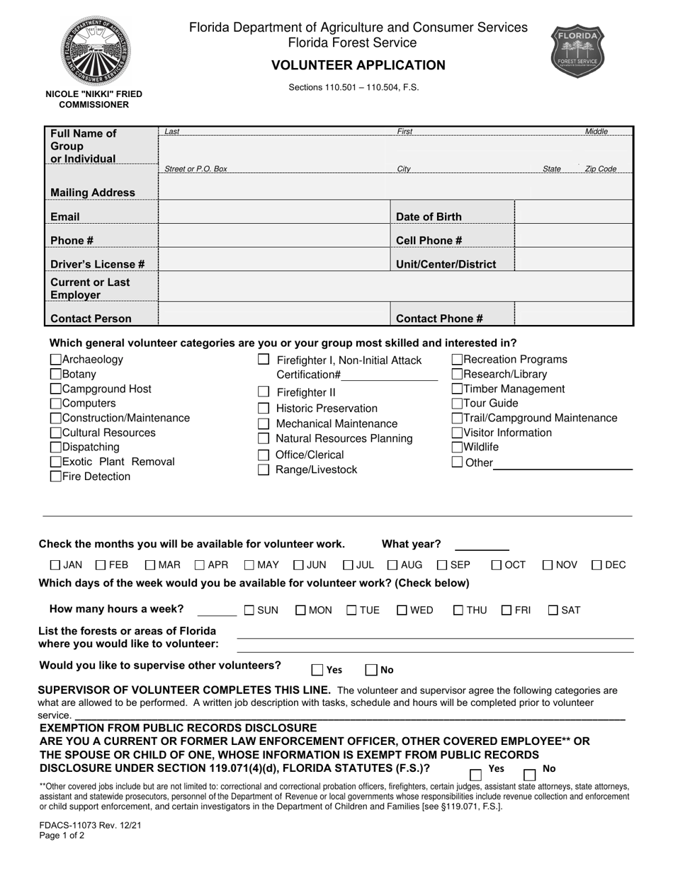 Form FDACS-11073 Download Fillable PDF or Fill Online Volunteer ...