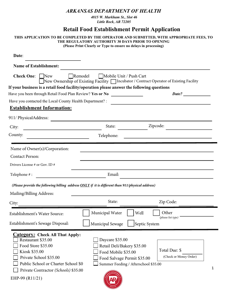 Form EHP99 Download Fillable PDF or Fill Online Retail Food