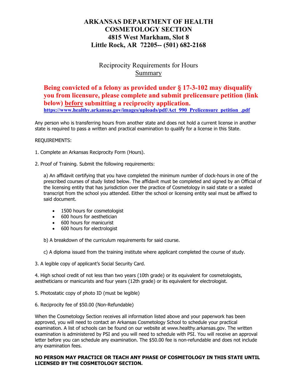 Reciprocity Form - Hours - Arkansas, Page 1