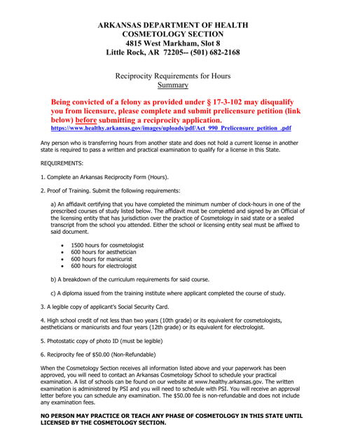 Reciprocity Form - Hours - Arkansas Download Pdf