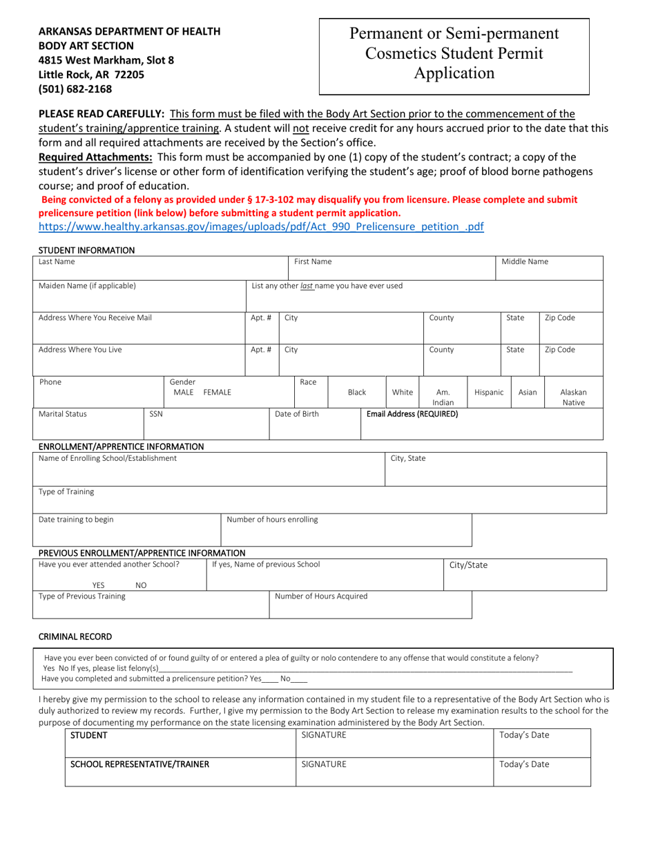 Permanent or Semi-permanent Cosmetics Student Permit Application - Arkansas, Page 1
