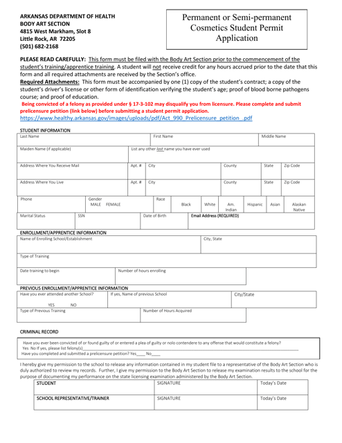 Permanent or Semi-permanent Cosmetics Student Permit Application - Arkansas Download Pdf