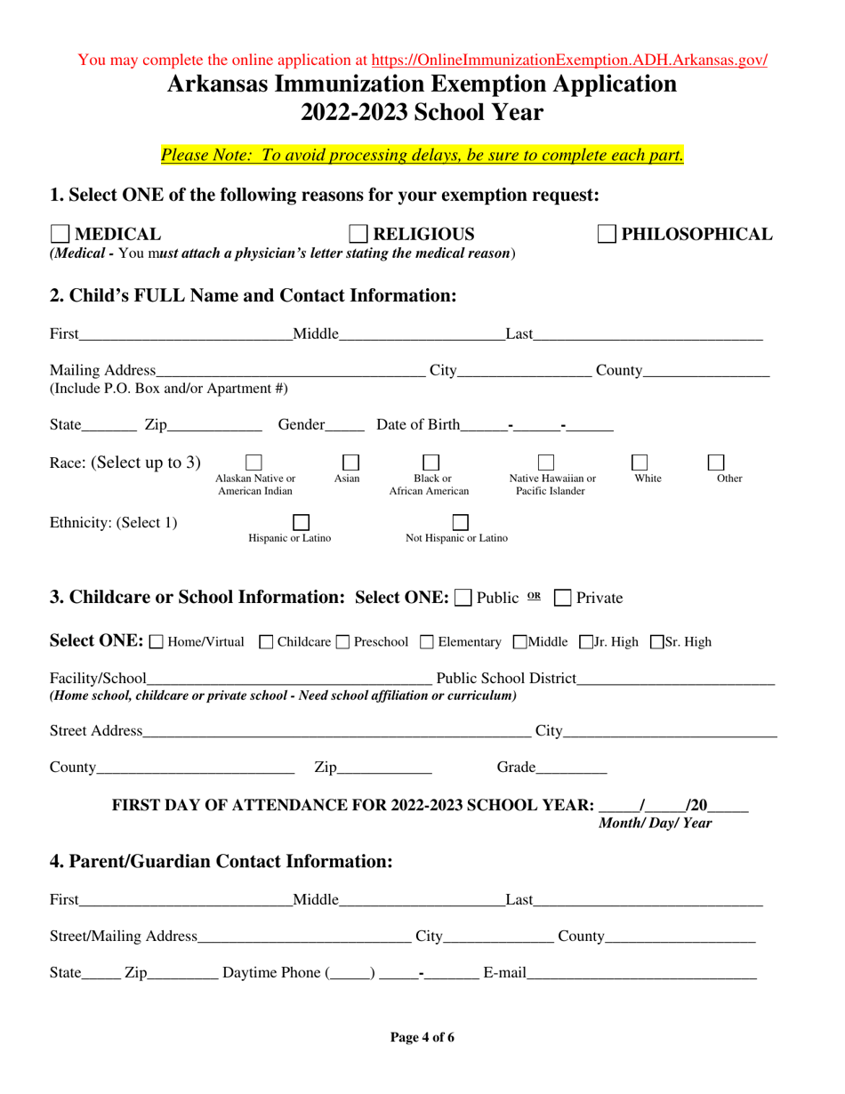 Arkansas Immunization Exemption Application for Childcare or School Students - Arkansas, Page 4