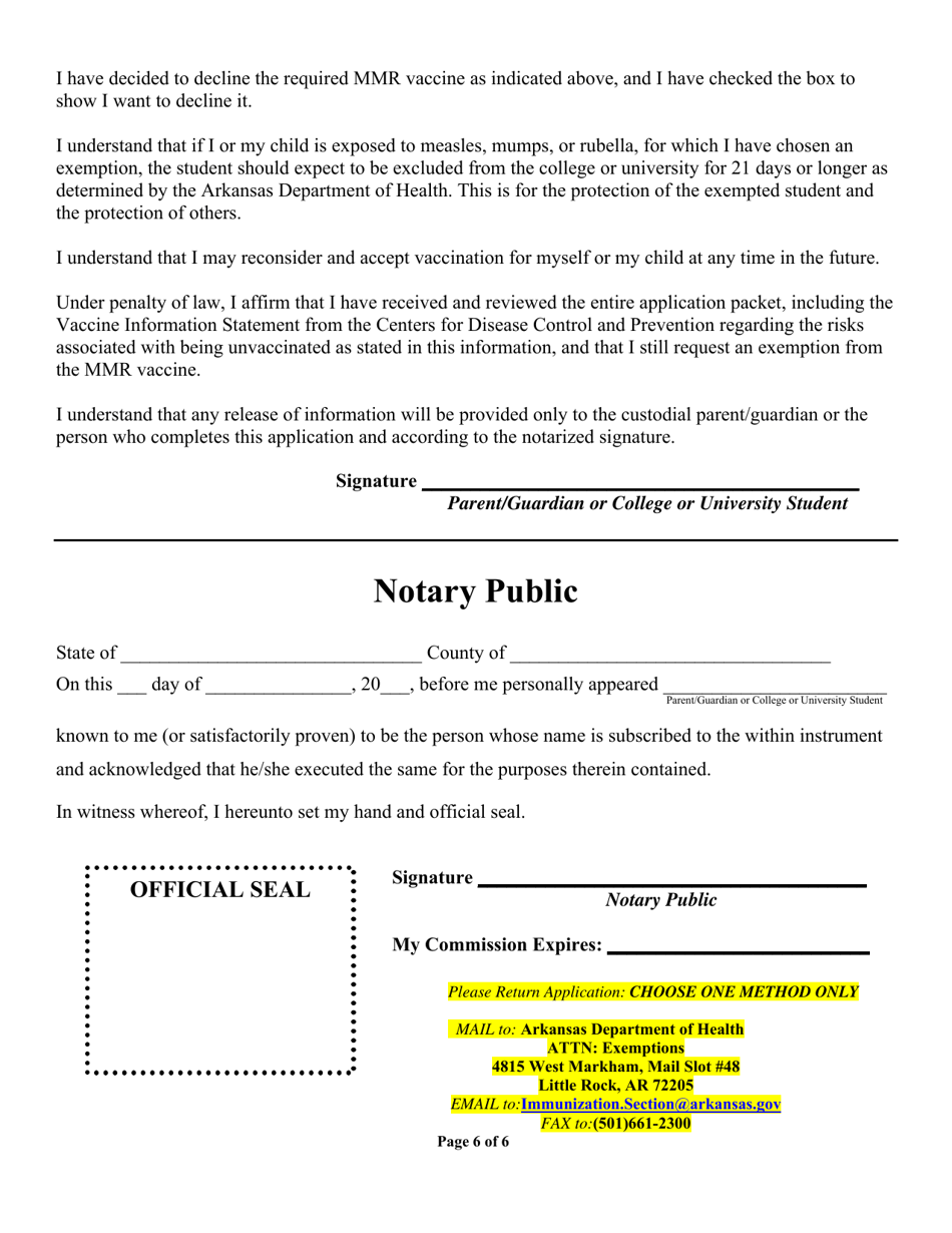 2023 Arkansas Arkansas Immunization College or University Exemption