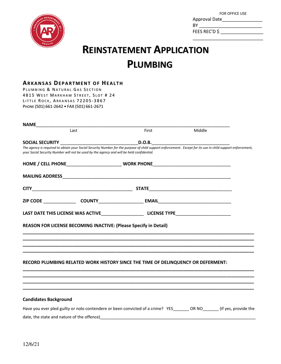 Arkansas Reinstatement Application Plumbing Download Printable PDF