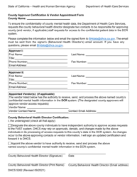 Document preview: Form DHCS5262 County Approver Certification & Vendor Appointment Form - California