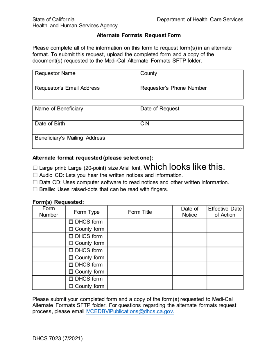 Form DHCS7023 Alternate Formats Request Form - California, Page 1