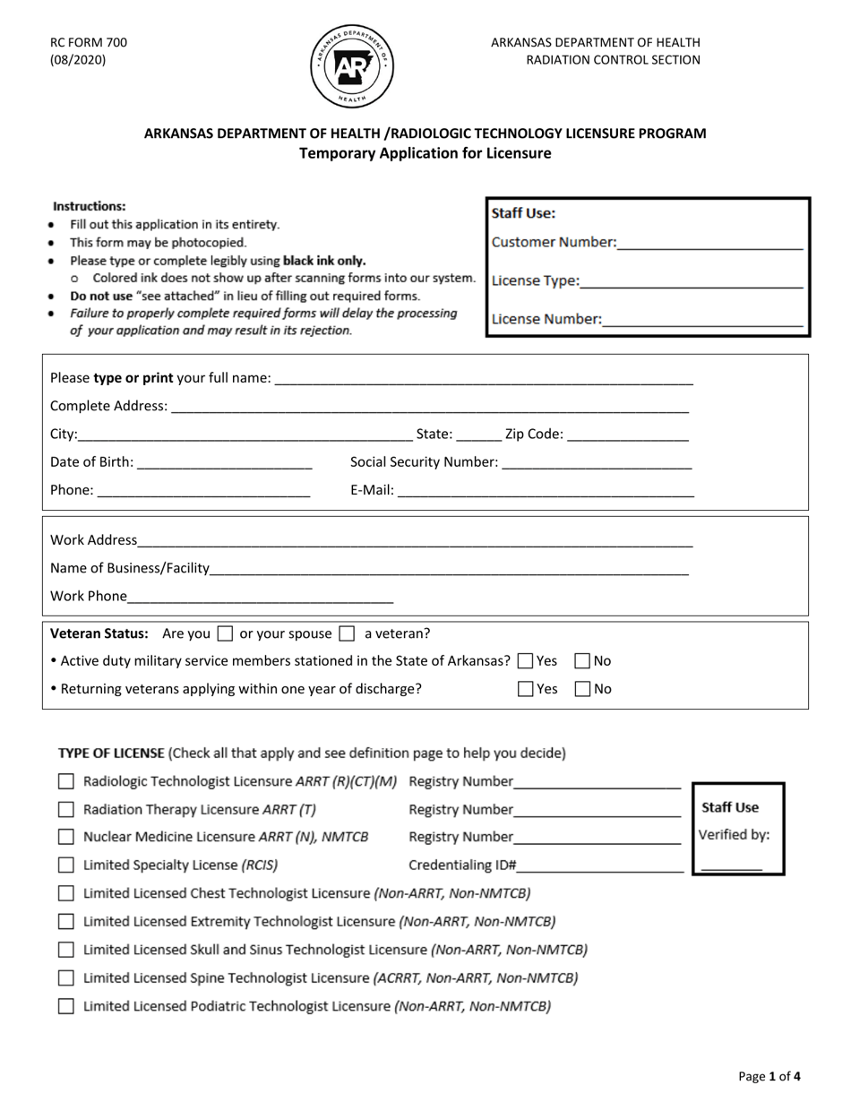 RC Form 702 Temporary Application for Licensure - Arkansas, Page 1