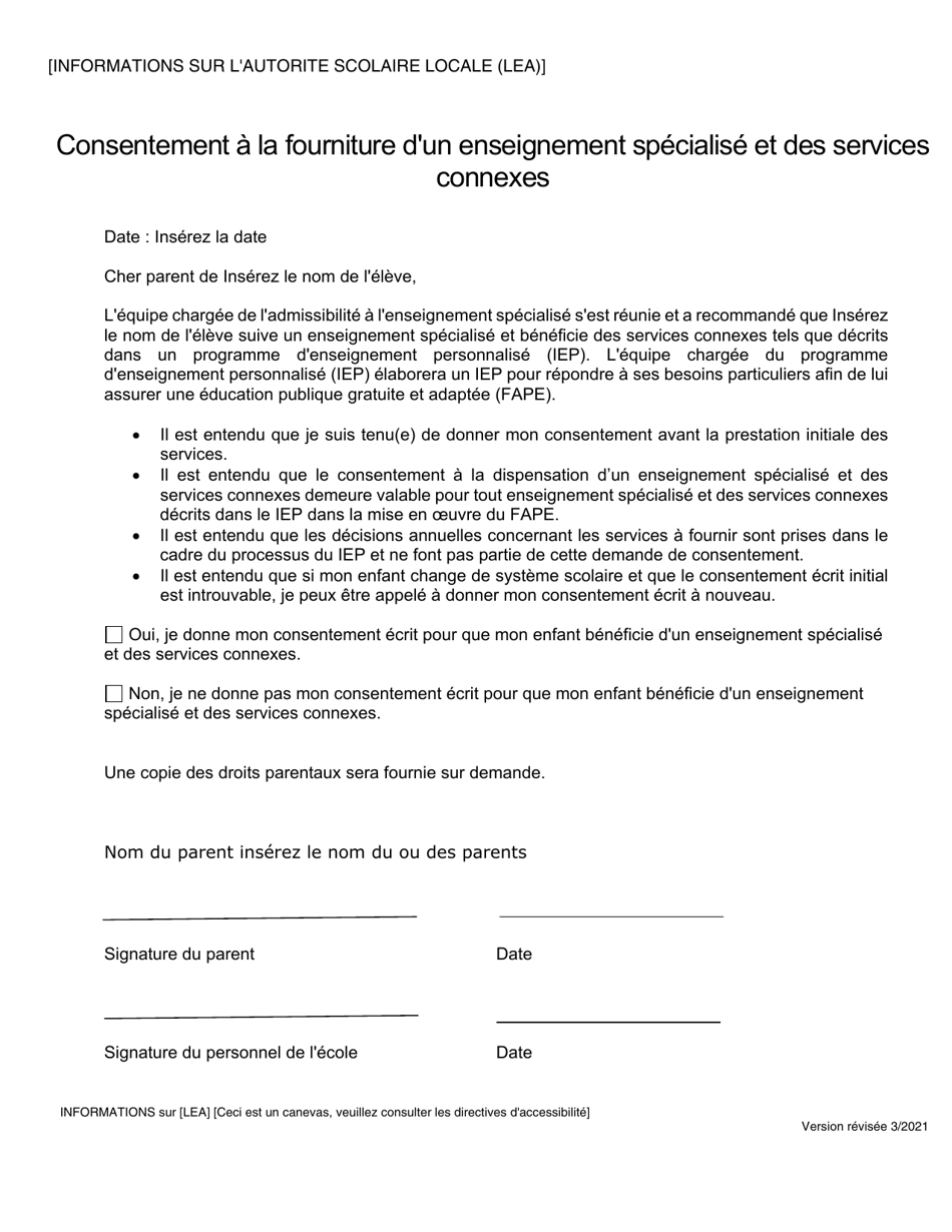Consent for Provision of Special Education and Related Services - Georgia (United States) (French), Page 1