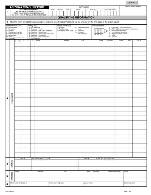 Form 01-2712 Arizona Crash Report - Occupant Supplement - Arizona