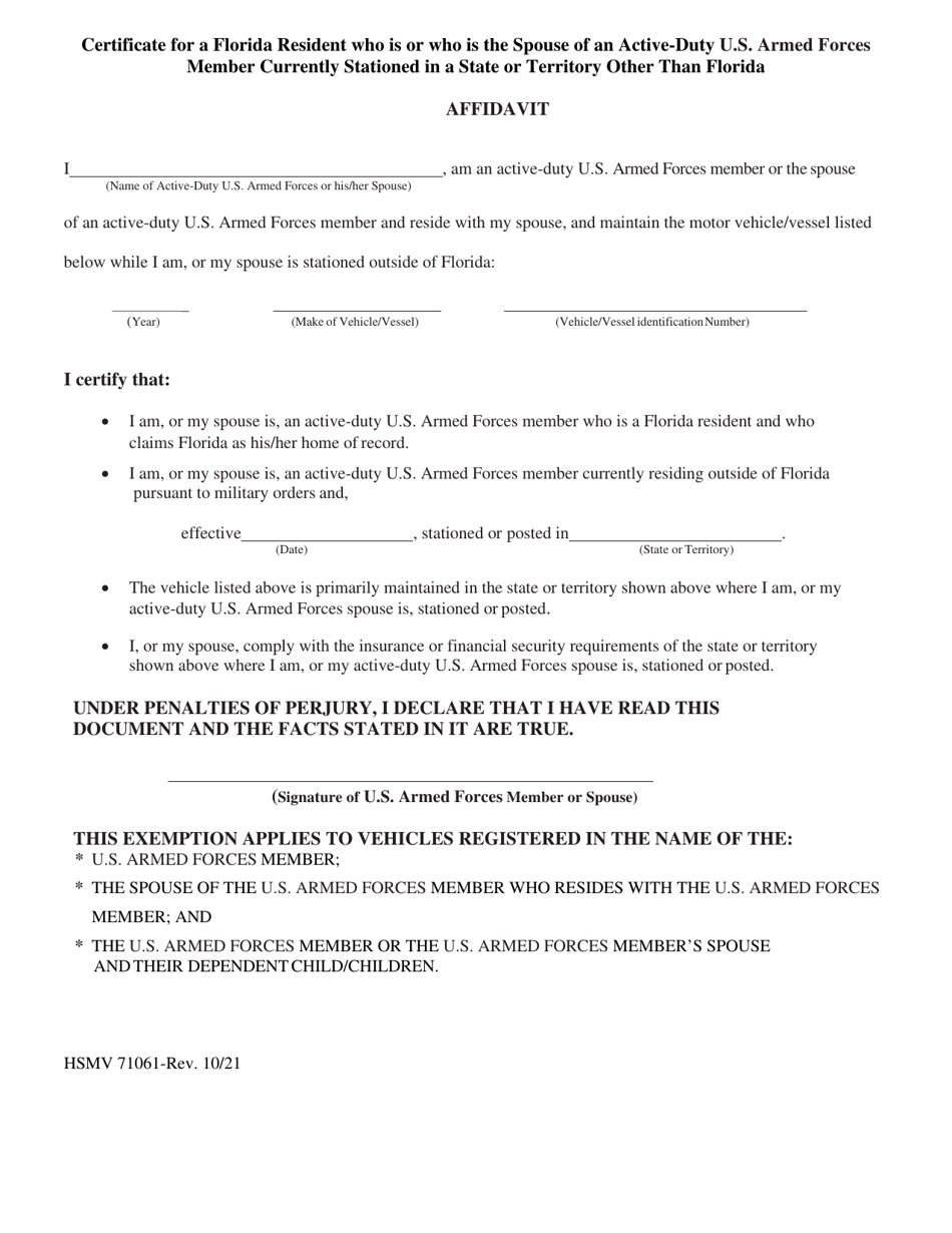 Form HSMV71061 Military Insurance Affidavit - Florida, Page 1