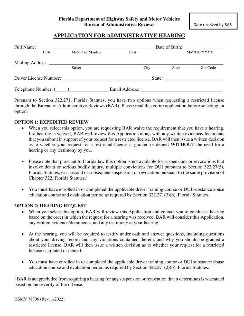 Form HSMV78306 Application for Administrative Hearing - Florida, Page 1