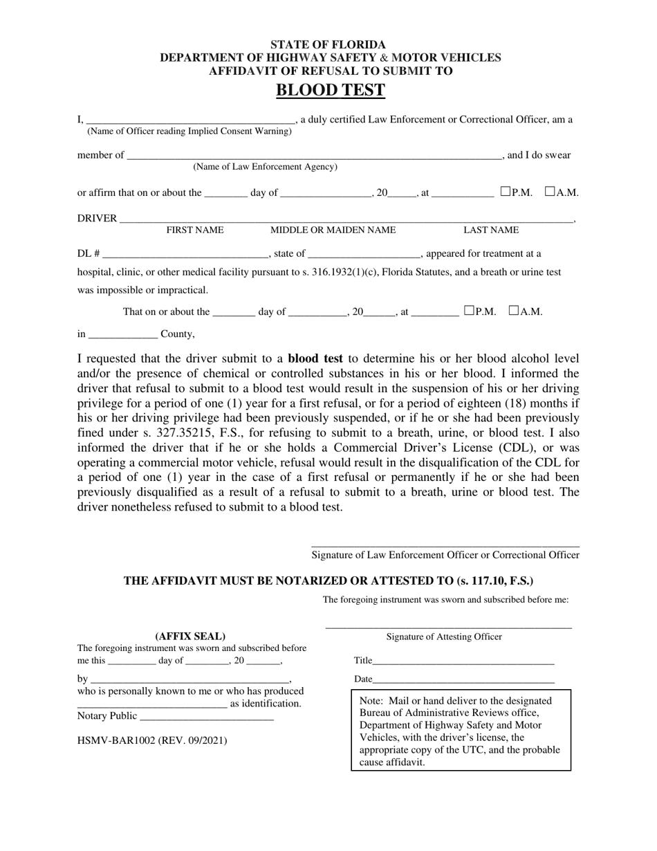 Form HSMV-BAR1002 Affidavit of Refusal to Submit to Blood Test - Florida, Page 1