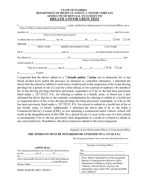 Form HSMV-BAR1001 Affidavit of Refusal to Submit to Breath and/or Urine Test - Florida