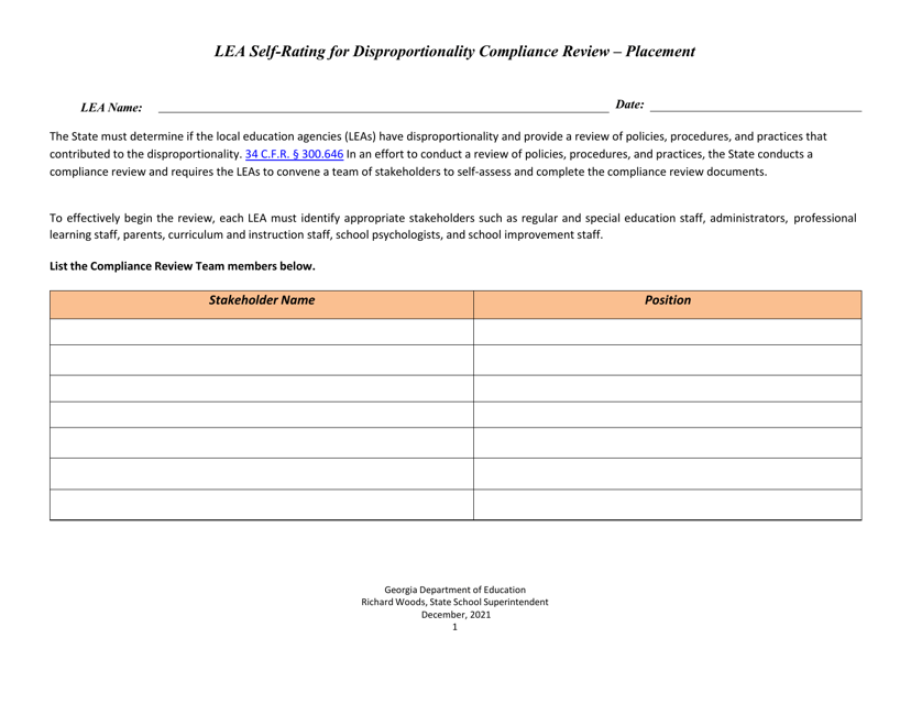 Lea Self-rating for Disproportionality Compliance Review - Placement - Georgia (United States) Download Pdf