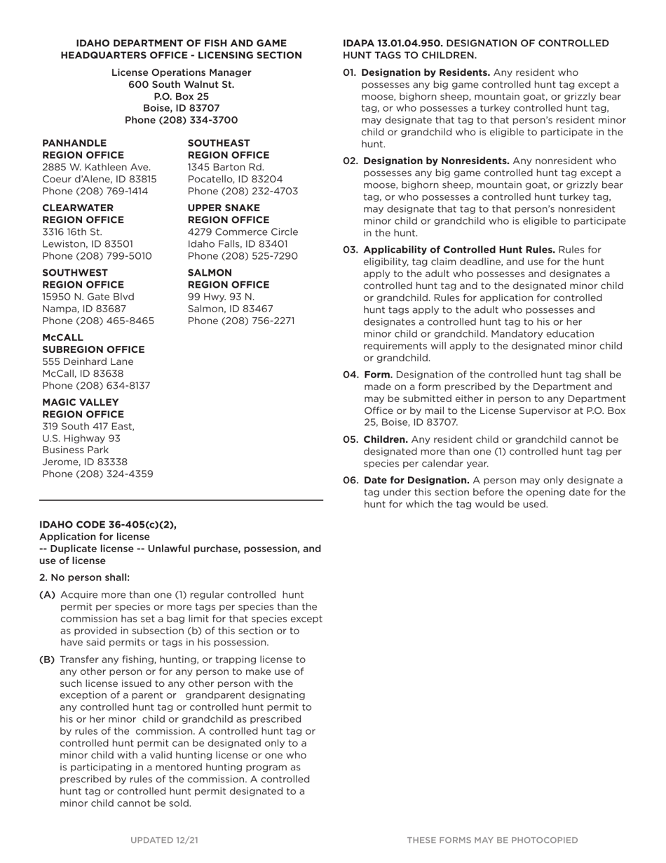 Designation of Control Hunt Tag to Your Child or Grandchild Who Is Younger Than Eighteen (18) - Idaho, Page 2