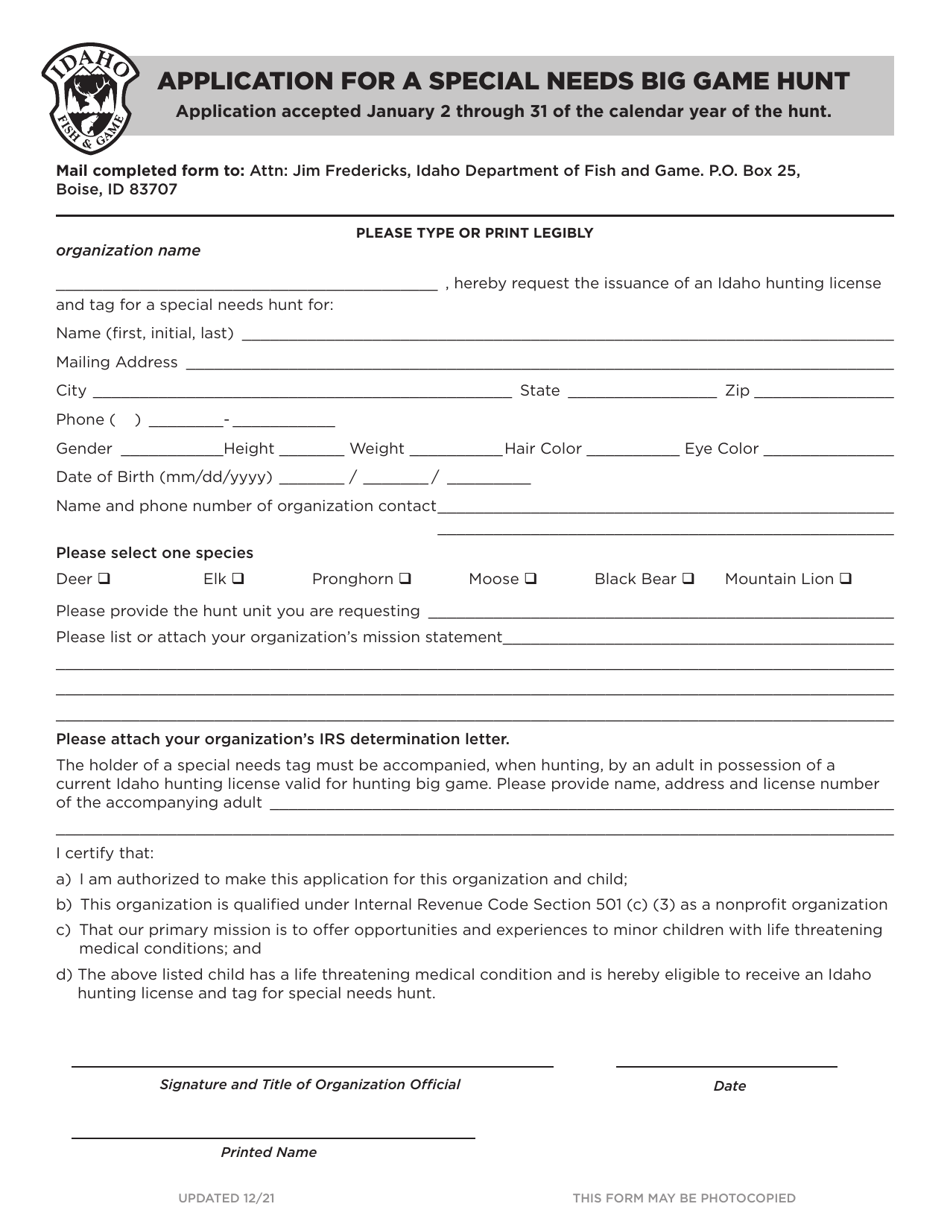 Idaho Application for a Special Needs Big Game Hunt - Fill Out, Sign ...