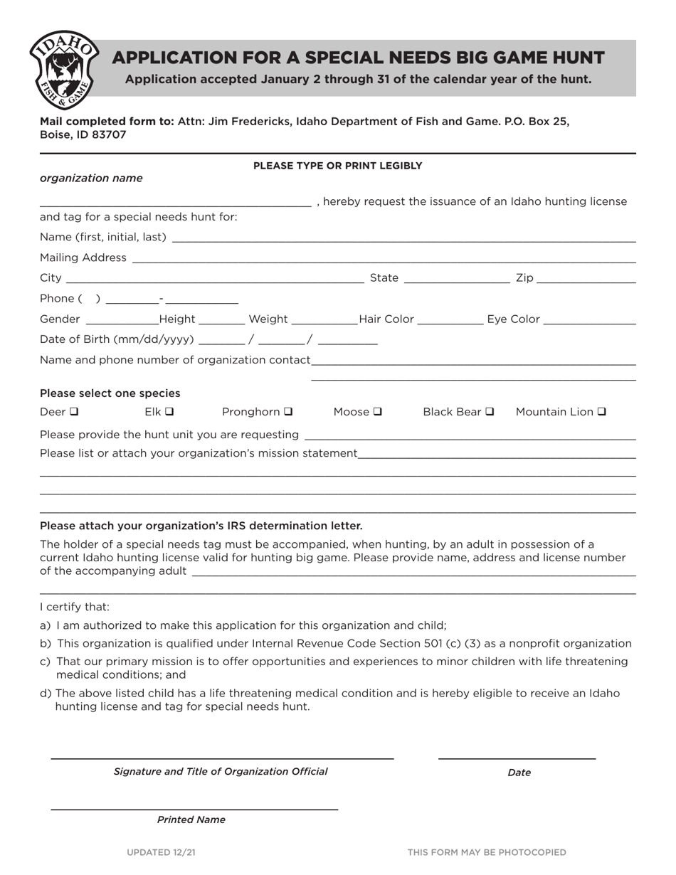 Application for a Special Needs Big Game Hunt - Idaho, Page 1