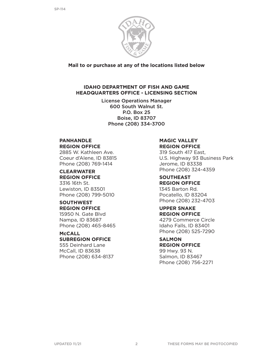 Form SP-114 Application for Taxidermy fur Buyer License - Idaho, Page 2