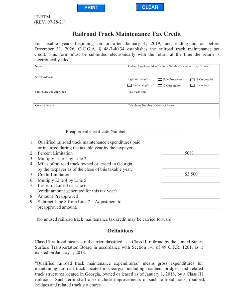 Form IT-RTM Railroad Track Maintenance Tax Credit - Georgia (United States), Page 1