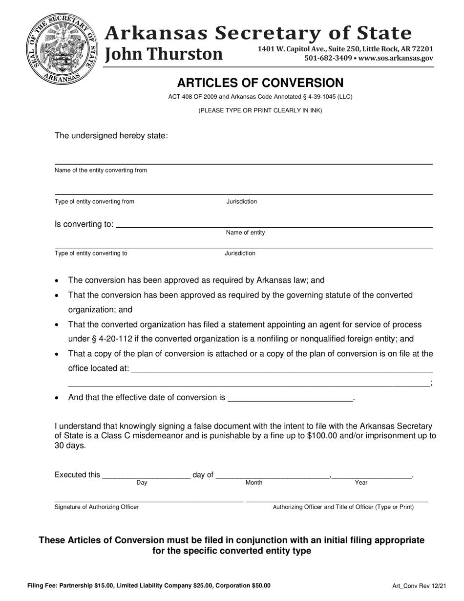 Form ART_CONV Articles of Conversion - Arkansas, Page 1