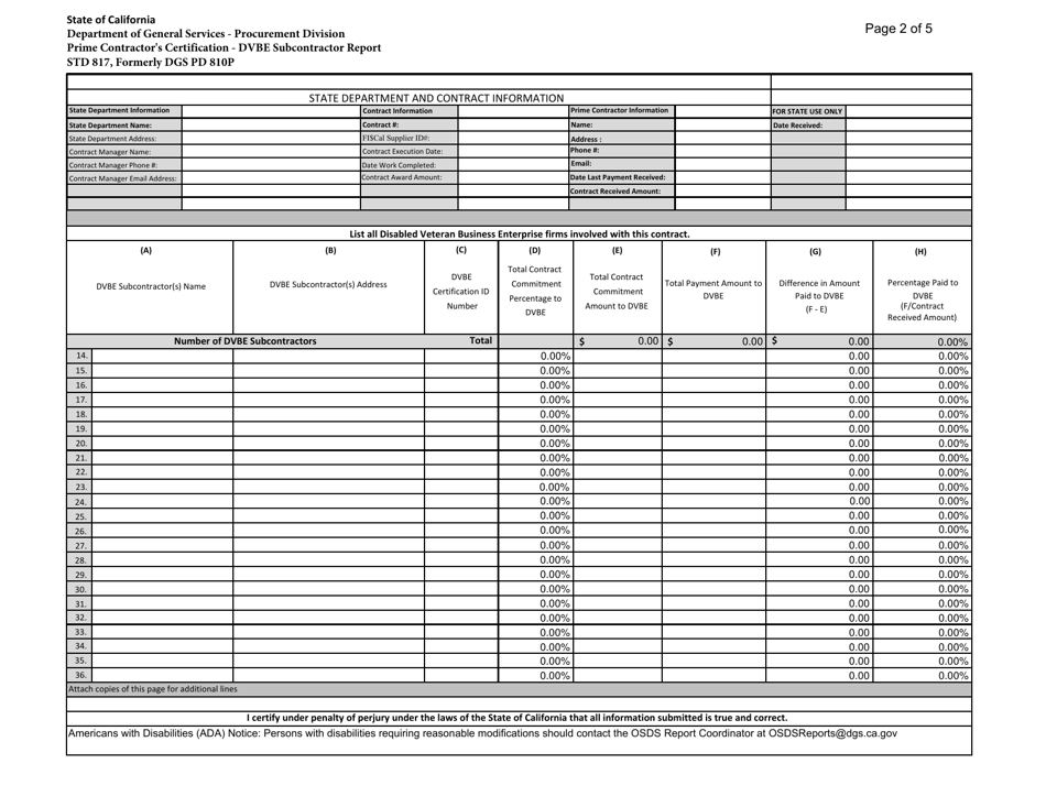 Form STD817 Prime Contractors Certification - Dvbe Subcontractor Report - California, Page 2