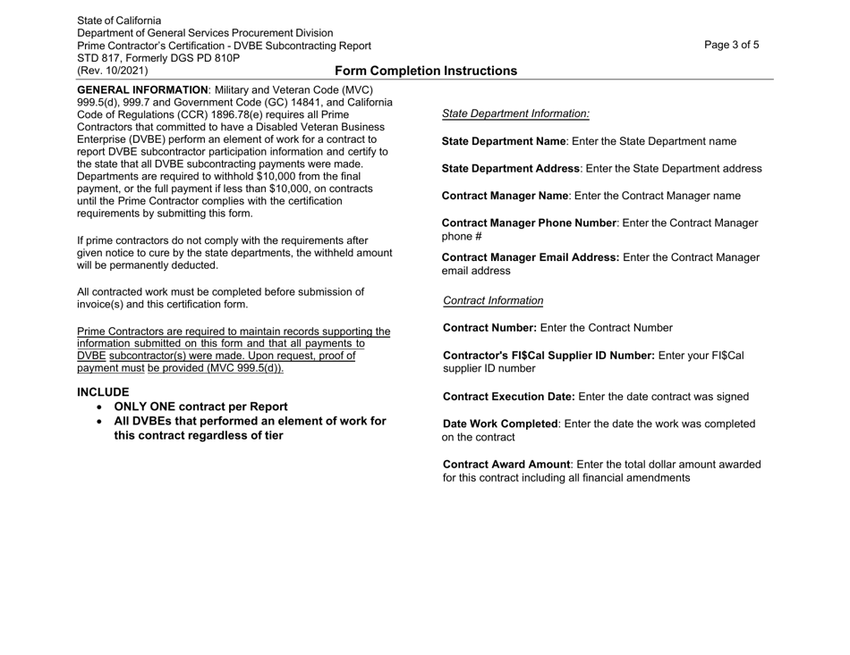 Form STD817 Prime Contractors Certification - Dvbe Subcontractor Report - California, Page 3
