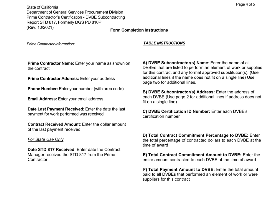 Form STD817 Prime Contractors Certification - Dvbe Subcontractor Report - California, Page 4