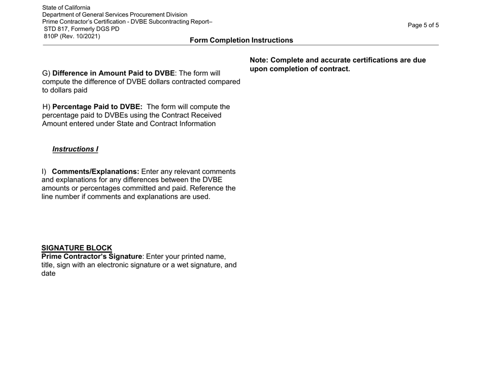 Form STD817 Prime Contractors Certification - Dvbe Subcontractor Report - California, Page 5