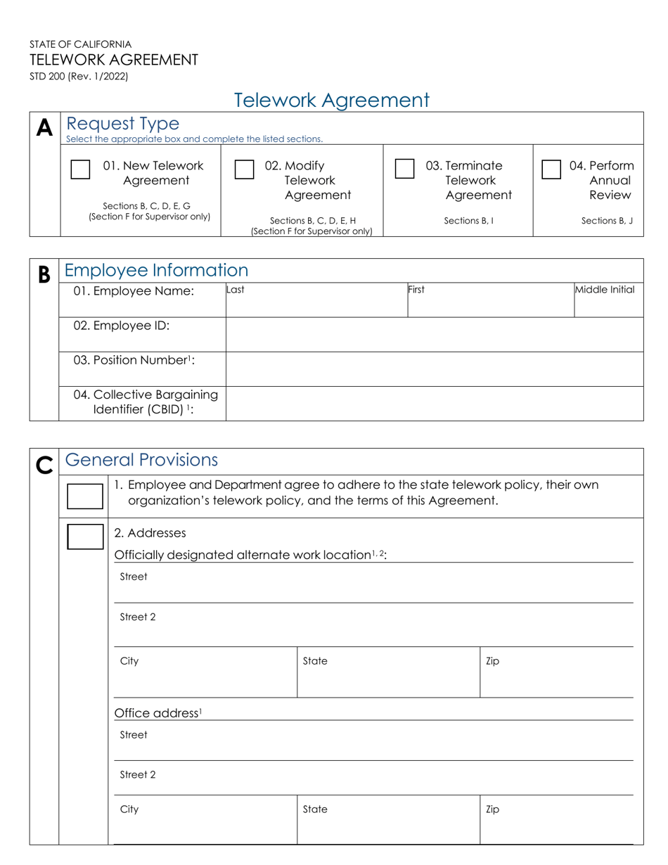 Form STD200 Telework Agreement - California, Page 1