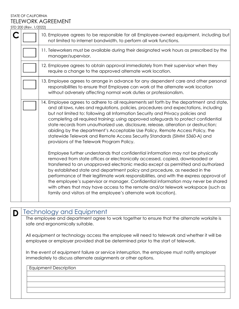 Form STD200 Telework Agreement - California, Page 3