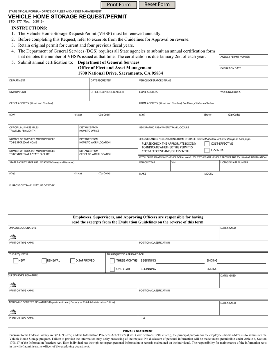 Form STD.377 Vehicle Home Storage Request / Permit - California, Page 1