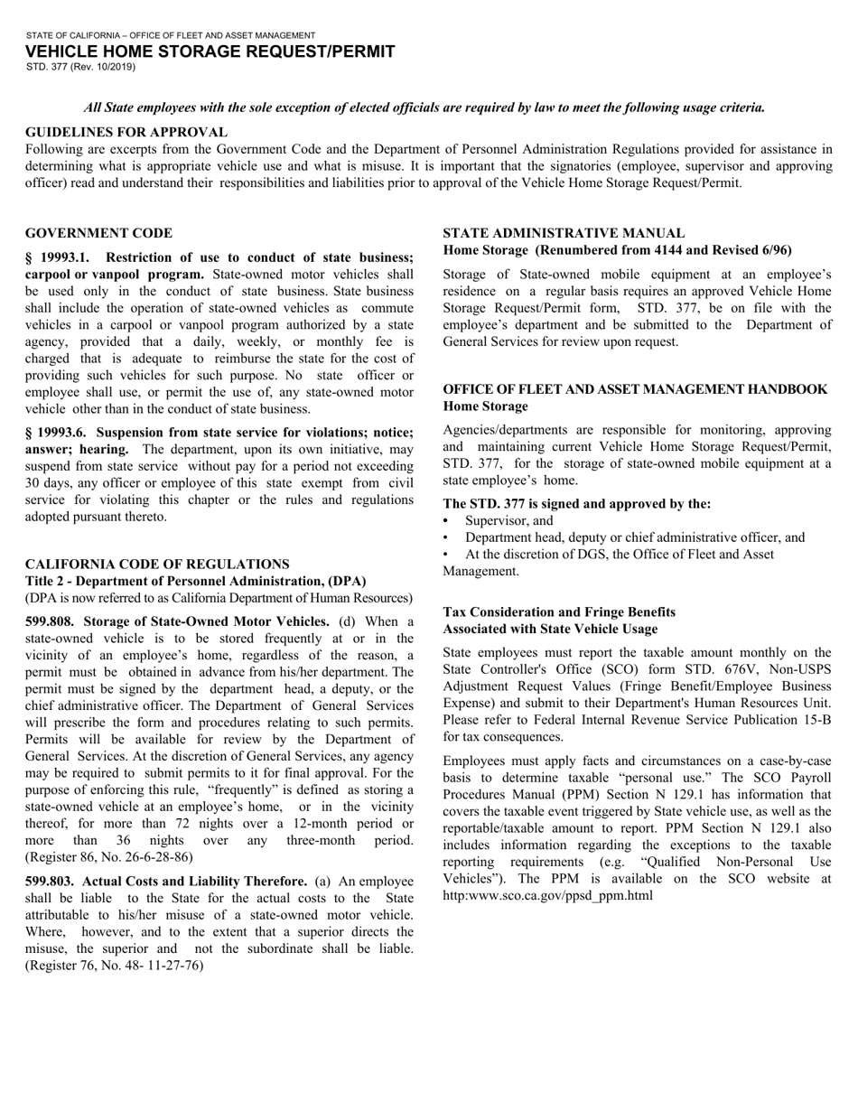Form STD.377 Vehicle Home Storage Request / Permit - California, Page 2