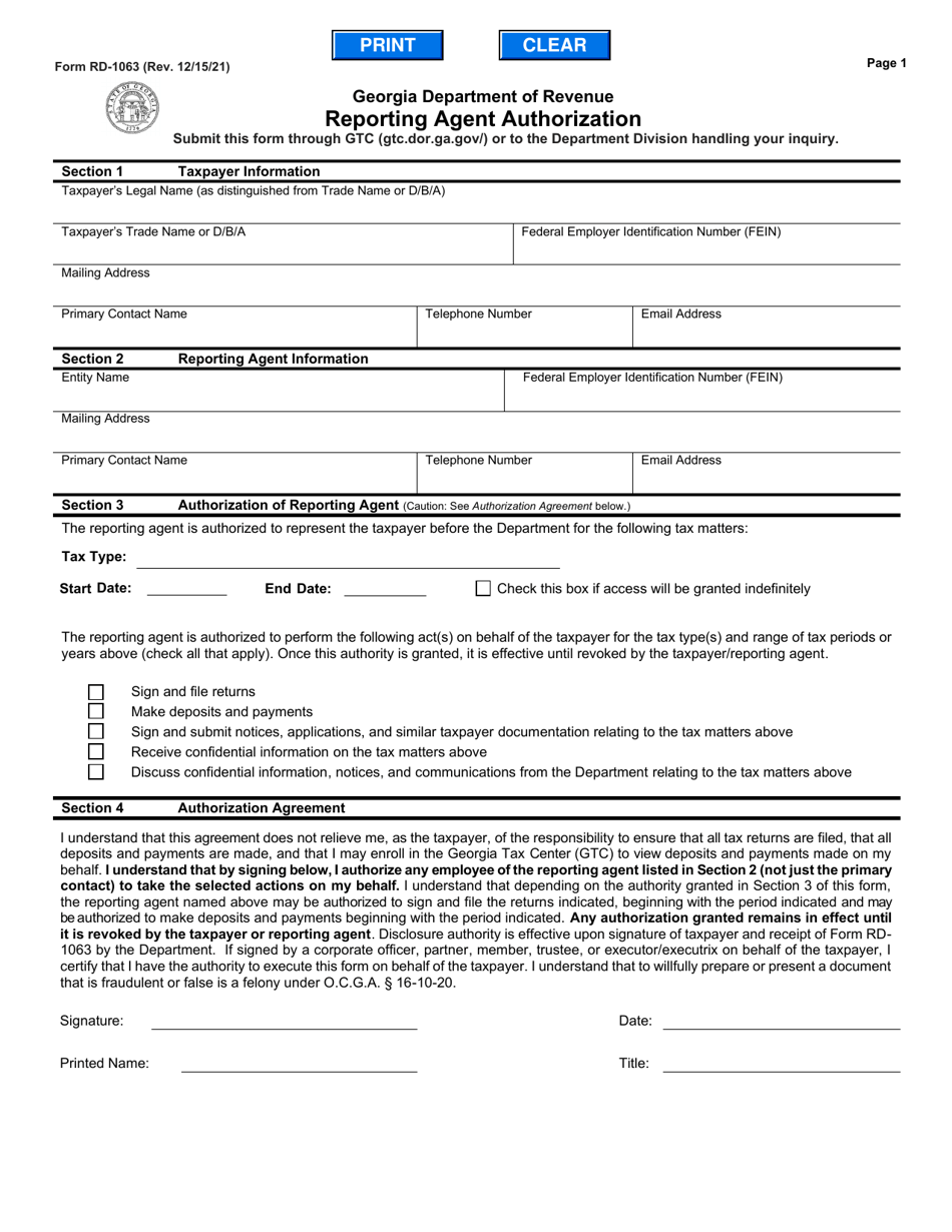 Form RD-1063 Reporting Agent Authorization - Georgia (United States), Page 1