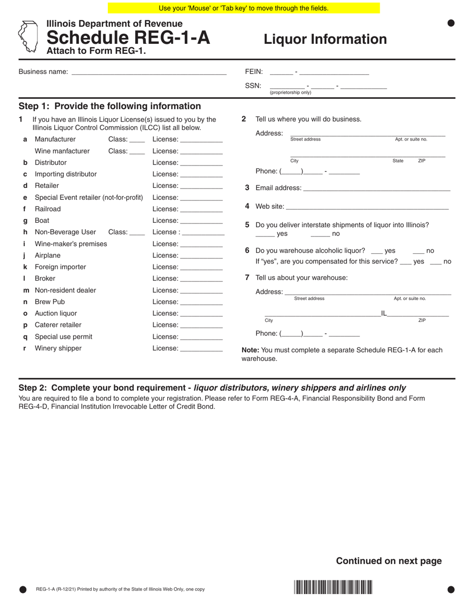 Schedule REG-1-A Liquor Information - Illinois, Page 1