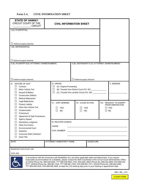 Form 2-A (1C-P-167) Civil Information Sheet - Hawaii