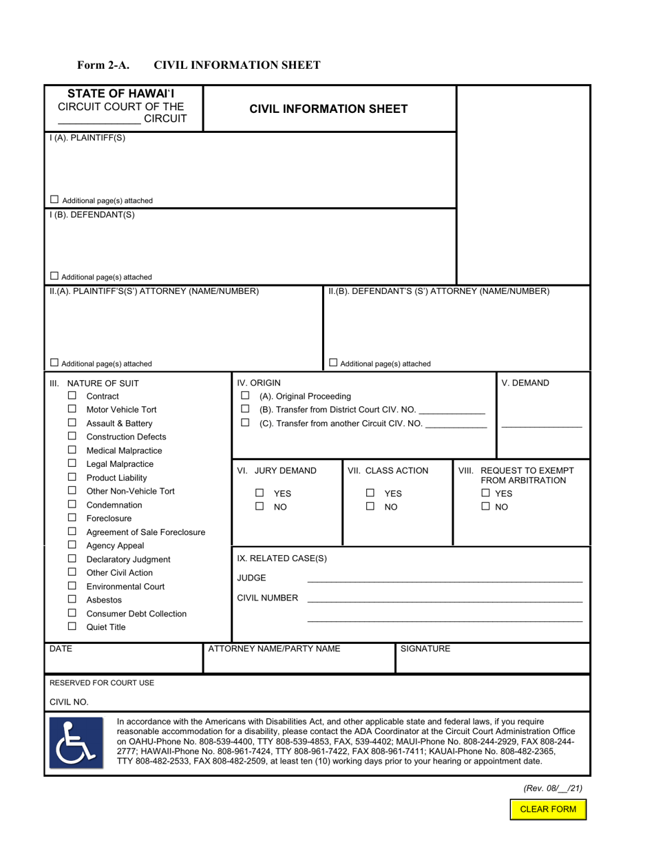 Form 2-A (1C-P-167) Civil Information Sheet - Hawaii, Page 1