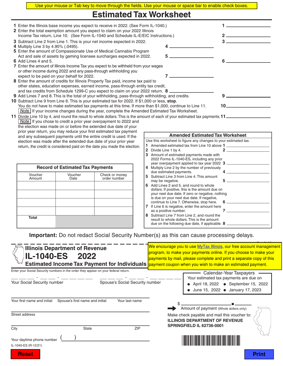 Form Il 1040 Es Download Fillable Pdf Or Fill Online Estimated Income Tax Payments For 4338