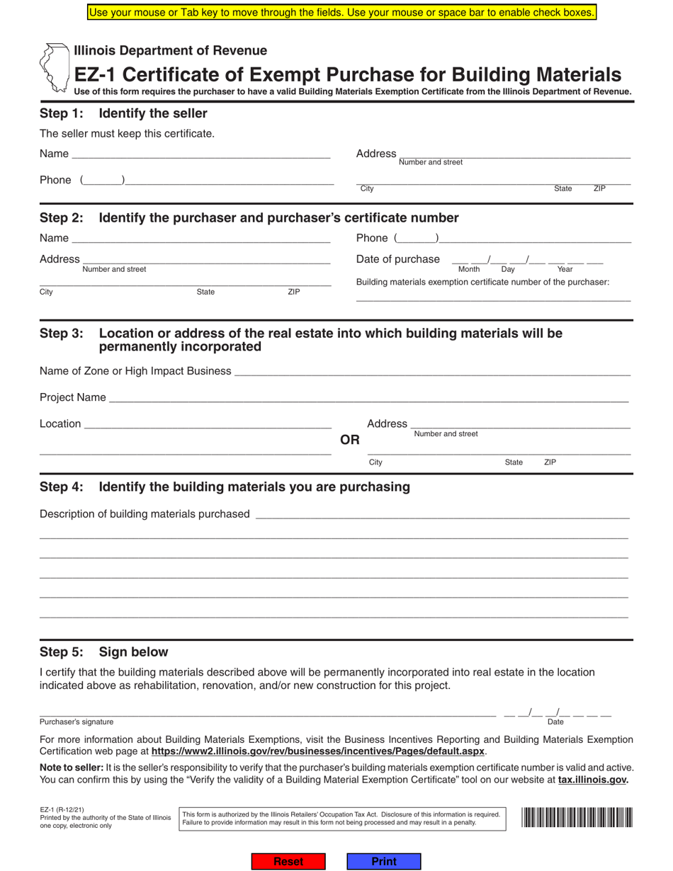 Form EZ-1 Certificate of Exempt Purchase for Building Materials - Illinois, Page 1