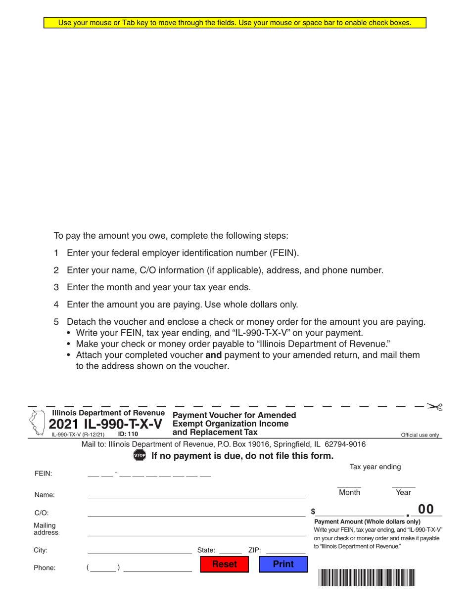 Form IL-990-T-X-V Payment Voucher for Amended Exempt Organization Income and Replacement Tax - Illinois, Page 1